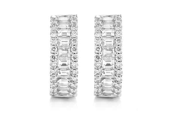 Round Border And Baguette Diamond Hoop Earrings 14k Gold 2.00ctw 