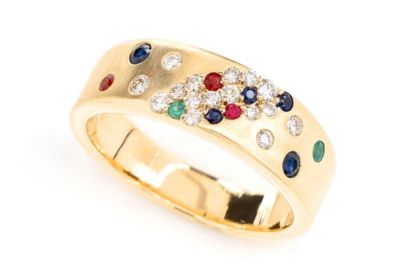 Scattered Cluster Multi Gem And Diamond Band Ring 14k Solid Gold 0.35ctw