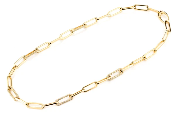 Alternating Elongated Diamond Rolo Link 17.5" Necklace 14k Solid Gold 3.00ctw
