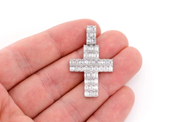 Emerald Cross Diamond Pendant 14k Solid Gold 6.00ctw