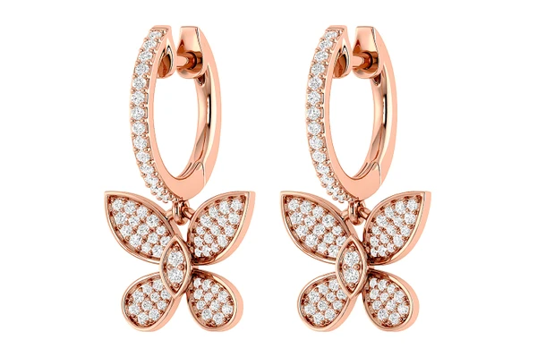 Butterfly Dangling Diamond Hoop Earrings 14k Solid Gold 0.45ctw