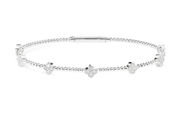 Beaded Milgrain Diamond Clover Flex Bangle Bracelet 14k Solid Gold 0.45ctw