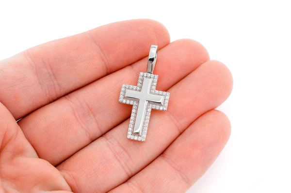 Diamond Border Cross Pendant 14k Solid Gold 0.35ctw