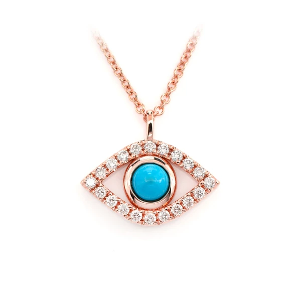 Turquoise And Diamond Evil Eye Pendant Attached Necklace 14k Solid Gold 0.25ctw