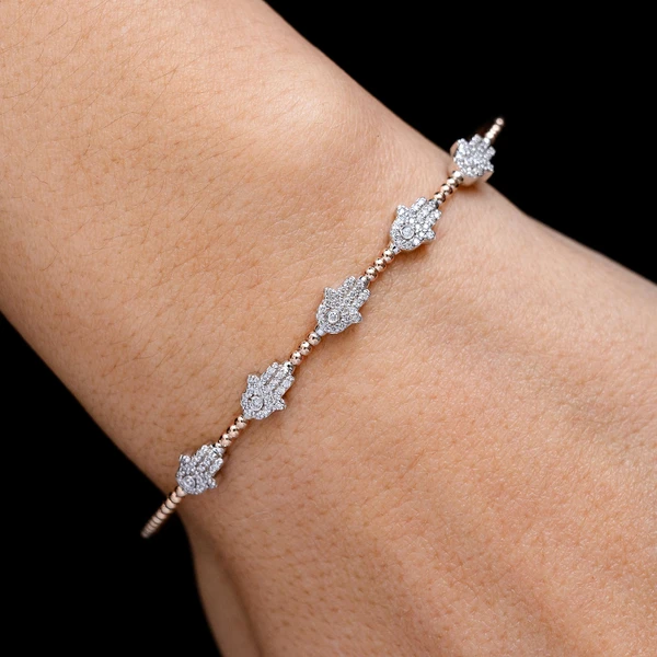 Beaded Diamond Hamsa Flex Bangle Bracelet 14k Solid Gold 0.30ctw 