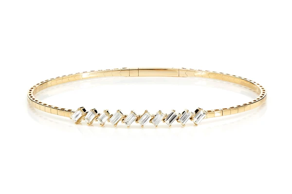 Angled Diamond Baguette Flex Bangle Bracelet 14k Solid Gold 0.85ctw