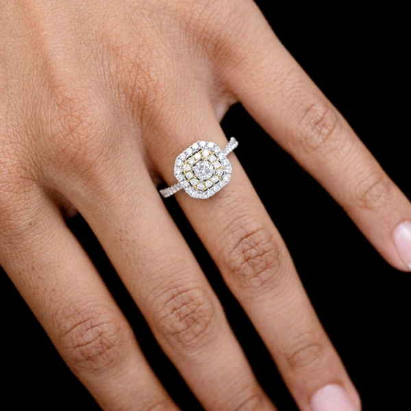 Geometric Double Halo Split Shank Diamond Ring 14k Solid Gold 0.95ctw