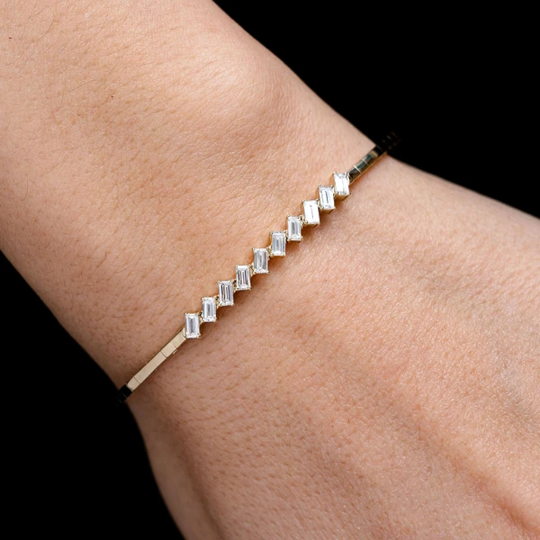 Angled Baguette Diamond Bangle Bracelet 14k Solid Gold 1.00ctw