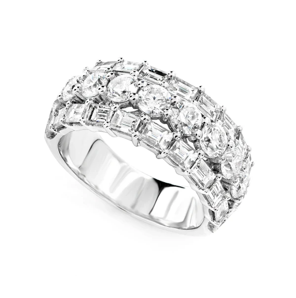 Three Row Baguette And Round Border Ring 14k Solid Gold 4.00ctw 