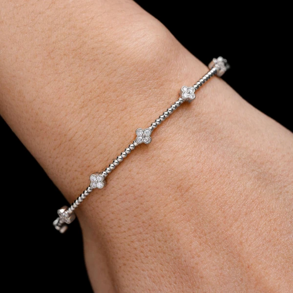Beaded Milgrain Diamond Clover Flex Bangle Bracelet 14k Solid Gold 0.45ctw