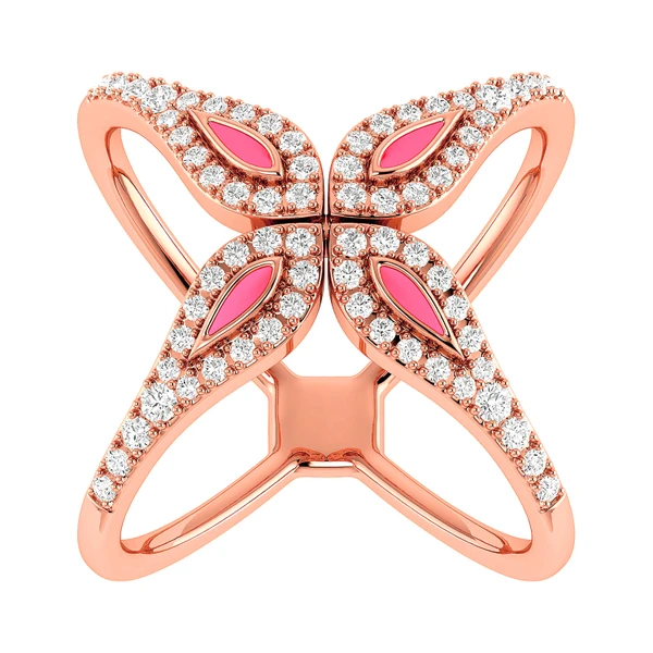 0.35ctw Criss-Cross Pink Enamel Diamond Ring - All Natural - 14k Solid Gold