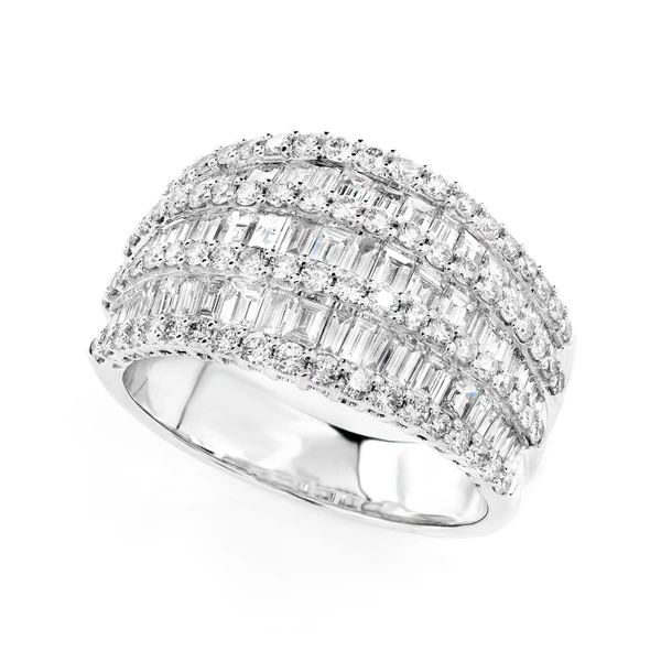 Tapered Three Row Baguette And Round Diamond Ring 14k Solid Gold 2.35ctw 