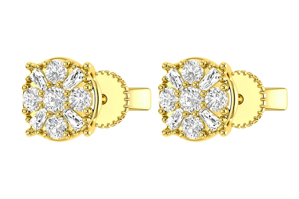 Baguette Round Cluster Stud Earrings 14k   
