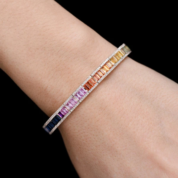 Rainbow Sapphire And Diamond Flex Bangle Bracelet 14k Solid Gold 7.10ctw