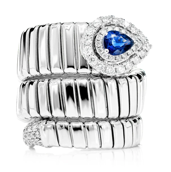 Diamond And Sapphire Coil Wrap Ring 14k Solid Gold 0.55ctw