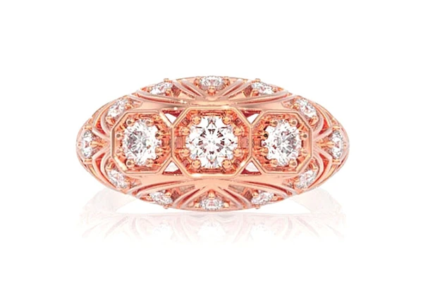 Art Deco Inspired Geometric Floral Diamond Ring 14k Solid Gold 0.65ctw