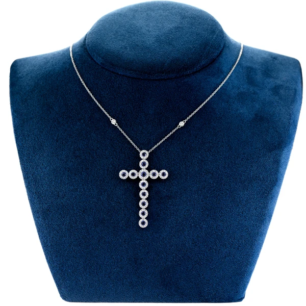 Sapphire And Diamond Halo Cross Pendant Attached Necklace 14k Solid Gold 2.10ctw