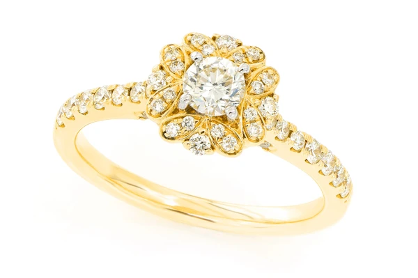 Round Floral Halo Diamond Ring 14k Solid Gold 0.75ctw