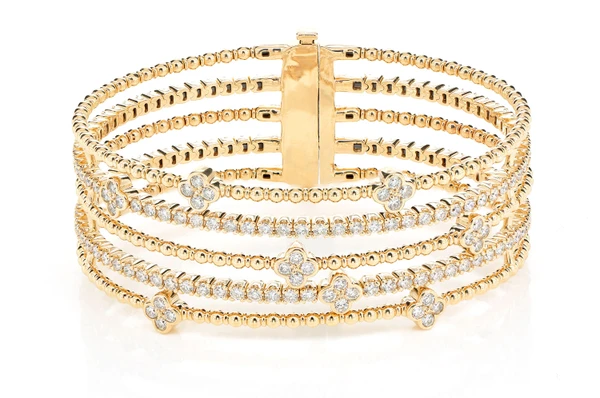 Five Row Beaded Diamond Clover Flex Bangle Bracelet 14k Solid Gold 4.80ctw 
