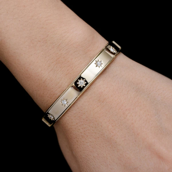 Satin Diamond Star Bangle Bracelet 14k Solid Gold 0.40ctw