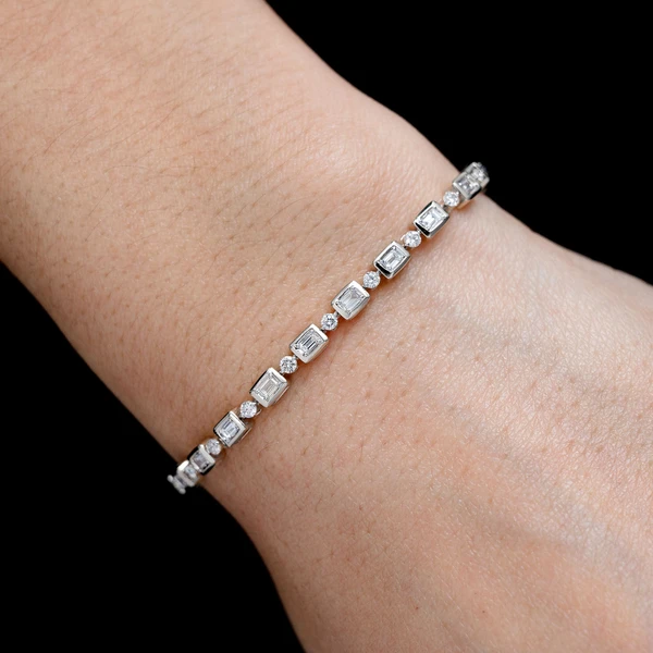 Diamond Baguette And Round Bezel Alternating Link Bracelet 14k Solid Gold 1.20ctw