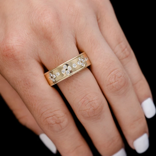 Gypsy Set Cluster Border Band Ring 14k Solid Gold 0.70ctw