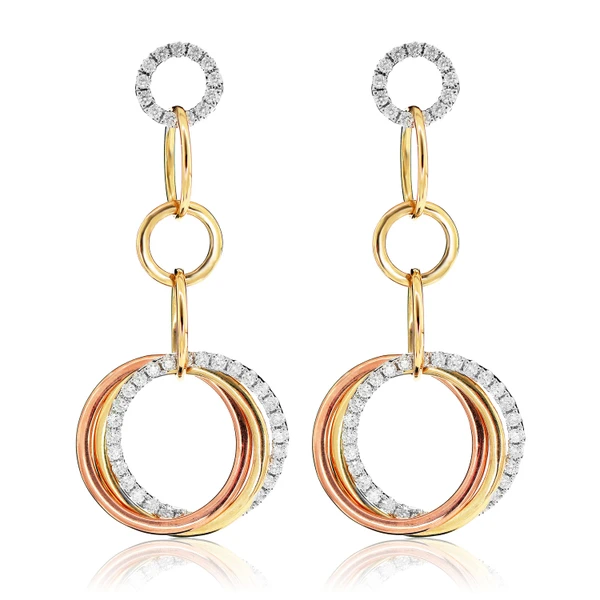 Interlocked Trinity Tri Tone Diamond Dangle Hoop Earrings 14k Solid Gold 1.00ctw