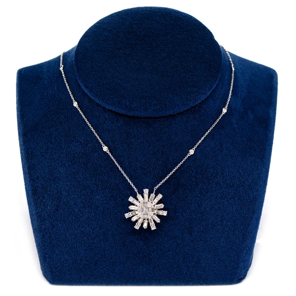 Diamond Baguette Sunburst Pendant Attached Necklace 14k Solid Gold 1.90ctw
