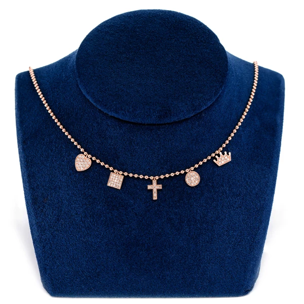 Five Station Diamond Charm Dangle Station Bead Chain Necklace 14k Solid Gold 0.50ctw