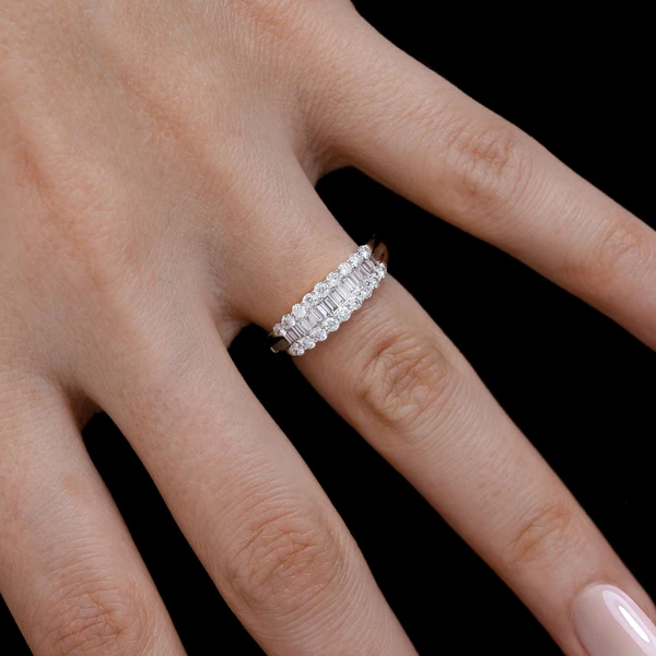 Round And Baguette Diamond Channel Set Band Ring 14k Solid Gold 0.70ctw