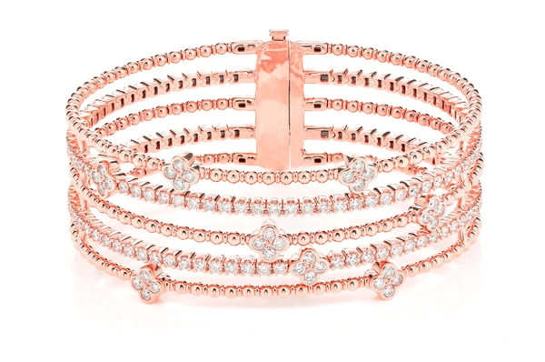 Five Row Beaded Diamond Clover Flex Bangle Bracelet 14k Solid Gold 4.80ctw 