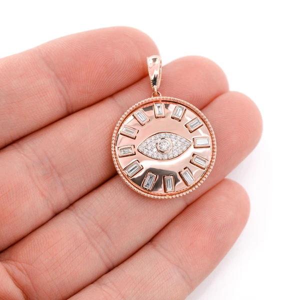 Evil Eye Baguette Diamond Medallion Pendant 14k Solid Gold 0.80ctw 
