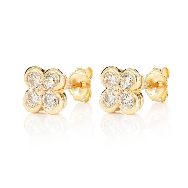 Diamond Clover Bezel Stud Earrings 14k Solid Gold 0.66ctw