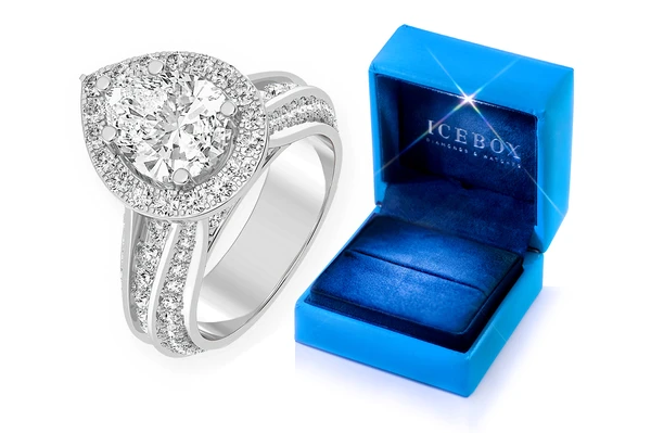 Monst - 2.00ct Pear Solitaire - Three Row Graduated Split Halo - Diamond Engagement Ring - All Natural