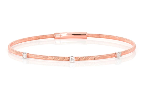 Textured Three Stone Diamond Bangle Bracelet 0.15ctw 14k Solid Gold