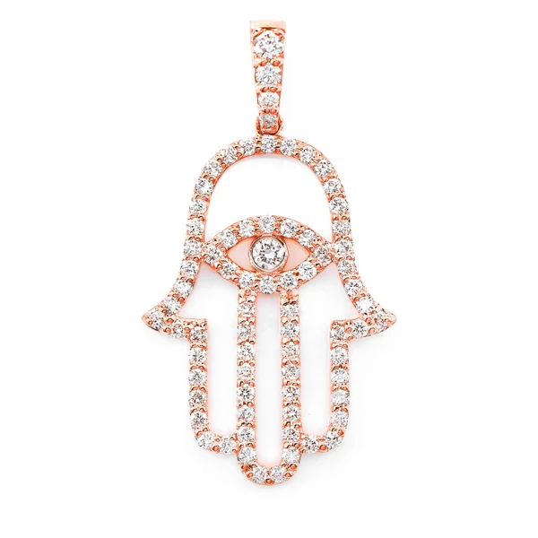 Open Hamsa Evil Eye Diamond Pendant 14k Solid Gold 0.85ctw