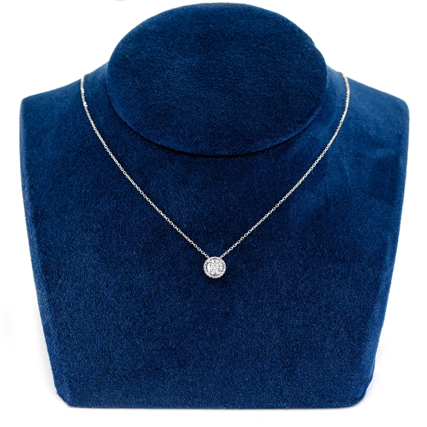 Beaded Halo Diamond Solitaire Pendant Attached Necklace 14k Solid Gold 0.45ctw