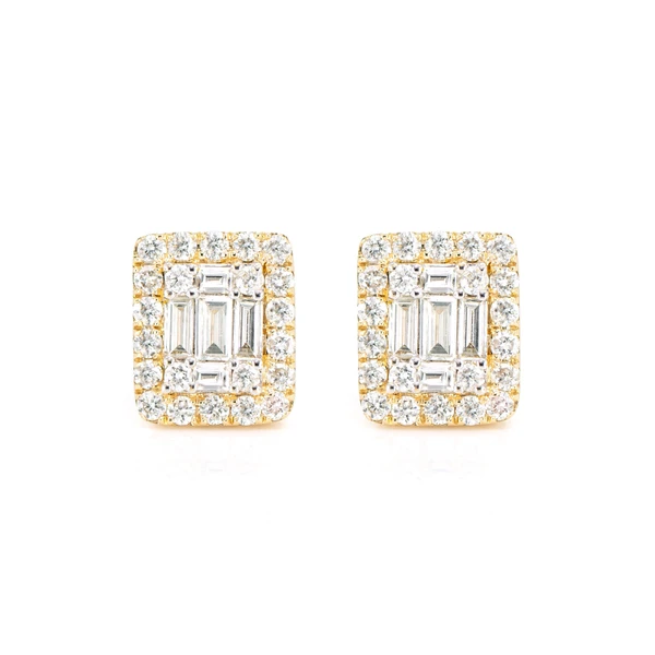 Halo Diamond Baguette Stud Earrings 14k Solid Gold 0.70ctw