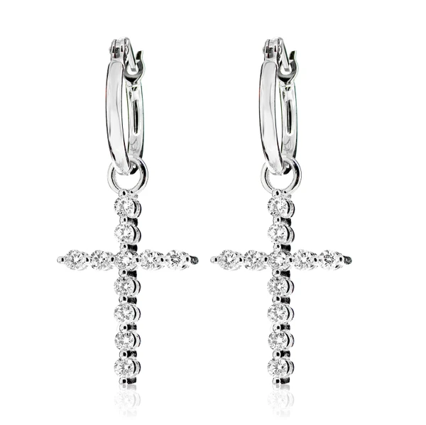 Plain Hoops Dangling Diamond Cross Earrings 14k Solid Gold 0.55ctw