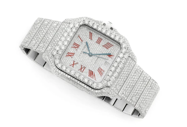 Cartier Santos De Cartier Steel 40MM (4072) - 20.50ctw Fully Iced Out - Custom Red Enamel Pave Dial