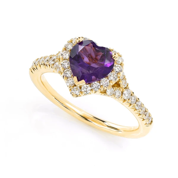 Heart Amethyst And Diamond Halo Ring 14k Solid Gold 1.50ctw