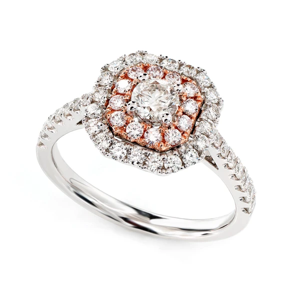 Geometric Double Halo Split Shank Diamond Ring 14k Solid Gold 0.95ctw