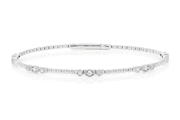 Beaded And Diamond Vintage Milgrain Flex Bangle Bracelet 0.30ctw 14k Solid Gold