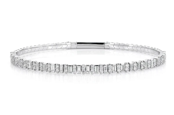 Baguette And Round Diamond Flex Bangle Bracelet 14k Solid Gold 2.25ctw