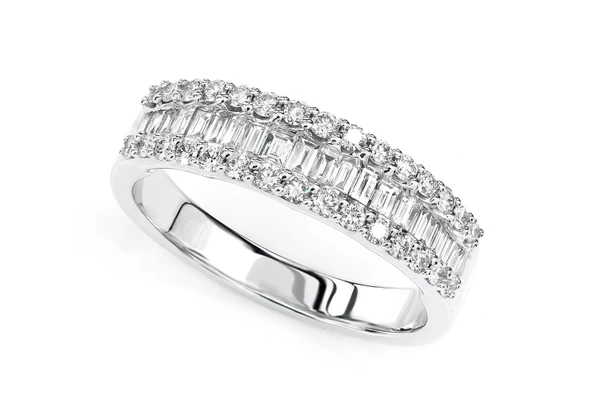 Baguette Cut And Round Diamond Framed Band Ring 14k Solid Gold 0.75ctw