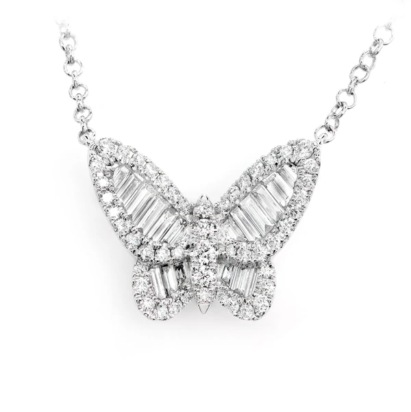 Baguette And Round Butterfly Diamond Pendant Attached Necklace 14k Solid Gold 0.83ctw