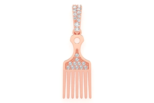 Hair Pick Comb Diamond Pendant 14k Solid Gold .05ctw