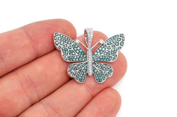 Butterfly Blue Diamond Pendant 14k Solid Gold 1.75ctw