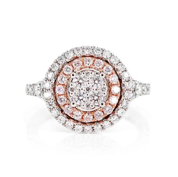 Double Halo Round Cluster Diamond Ring 14k Solid Gold 1.15ctw