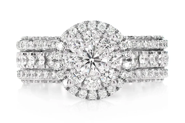 2.25ctw Double Halo Three Row Deluxe Diamond Engagement Ring- 14k Solid Gold - All Natural